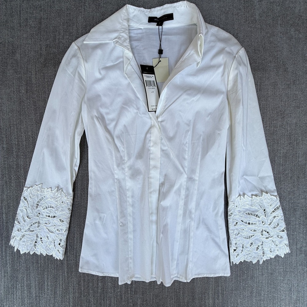 BCBGMAXAZRIA Shirt Top Womens S White Woven Cutout Lace Cuff Collared Button Up